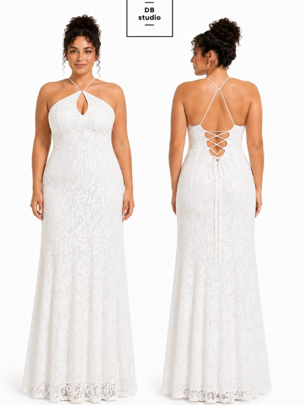 DB Studio White Lace Halter Maxi Dress Keyhole Corset Back Size 12 Bridal Gown